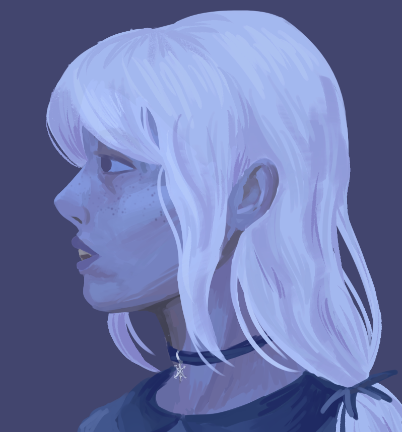 A digital painting of a woman's side profile done in various shades of blue. The woman's face holds a neutral expression.